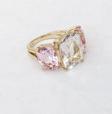 Rock Crystal and Pink Topaz Yellow Gold Three-Stone Cushion Ring