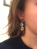 Elegant Three-Stone Drop Earring with Amethyst and Blue Topaz and Citrine
