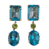Yellow Gold Geometric Drop Earring with Blue Topaz and Peridot