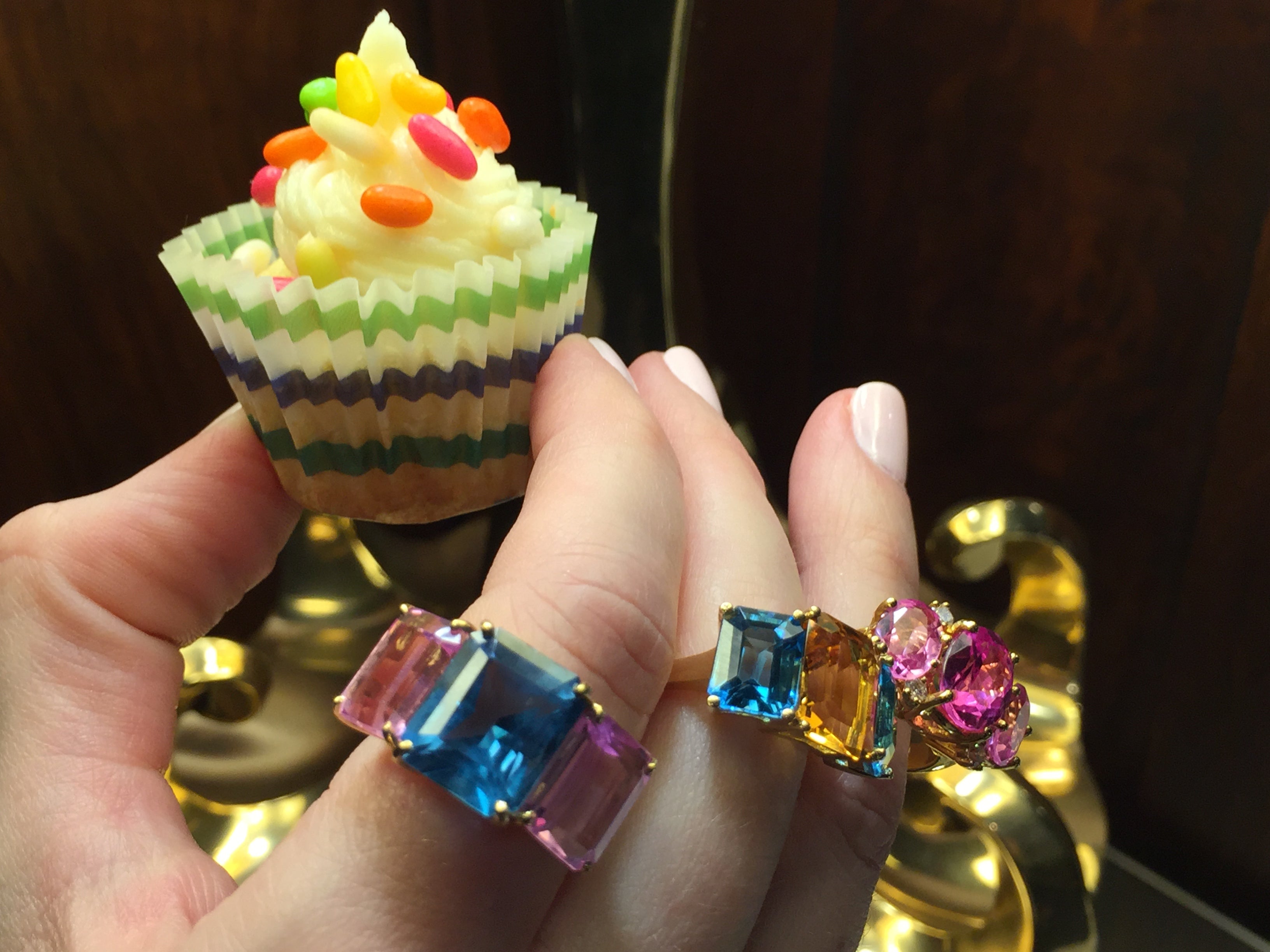 Yellow Gold Emerald Cut Ring with Pink Topaz and Iolite
