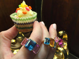 18kt Yellow Gold Mini Emerald Cut Ring with Orange Citrine and Blue Topaz