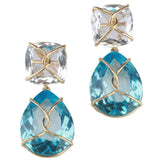 18kt Yellow gold Wrapped Drop Cushion Earring with Rock Crystal and Blue Topaz