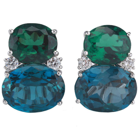 Large GUM DROP™ Earrings with Tsavorite and Dark Blue Topaz and Diamonds