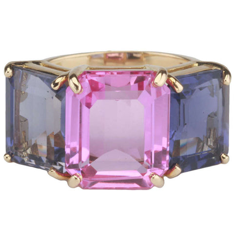 Yellow Gold Emerald Cut Ring with Pink Topaz and Iolite