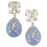 18kt Yellow gold Wrapped Drop Cushion Earring with Rock Crystal and Cabochon Chalcedony