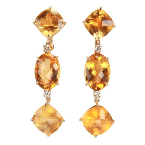 Elegant Citrine Diamond Gold Three Stone Cushion Drop Earrings
