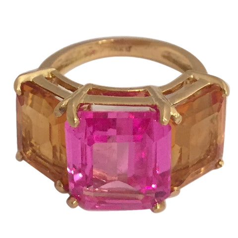 18k Yellow Gold Three Stone Emerald Cut Ring with Citrine and Pink Topaz