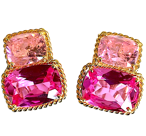 18kt Yellow Gold Light Pink Topaz & Deep Pink Topaz Cushion Cut Earrings with Twisted Rope Border
