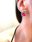 18kt Yellow Gold Medium Cushion Cut Earring with Rope Twist Border with Blue Topaz and Pink Topaz