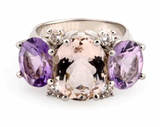 Morganite Iolite Gold Three Stone Cushion Ring