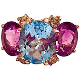 Morganite Iolite Gold Three Stone Cushion Ring