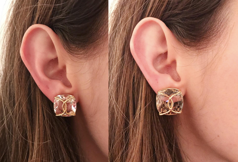 Large Rock Crystal Cushion Stud Earring with Yellow Gold Wire Wrap