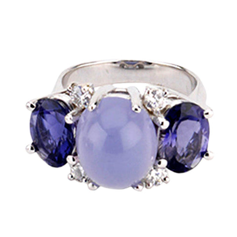 Medium GUM DROP™ Ring with Cabochon Chalcedony and Iolite and Diamonds
