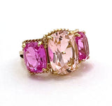 18kt Yellow Gold two tone Pink Topaz Three Stone Ring with Rope Twist Border