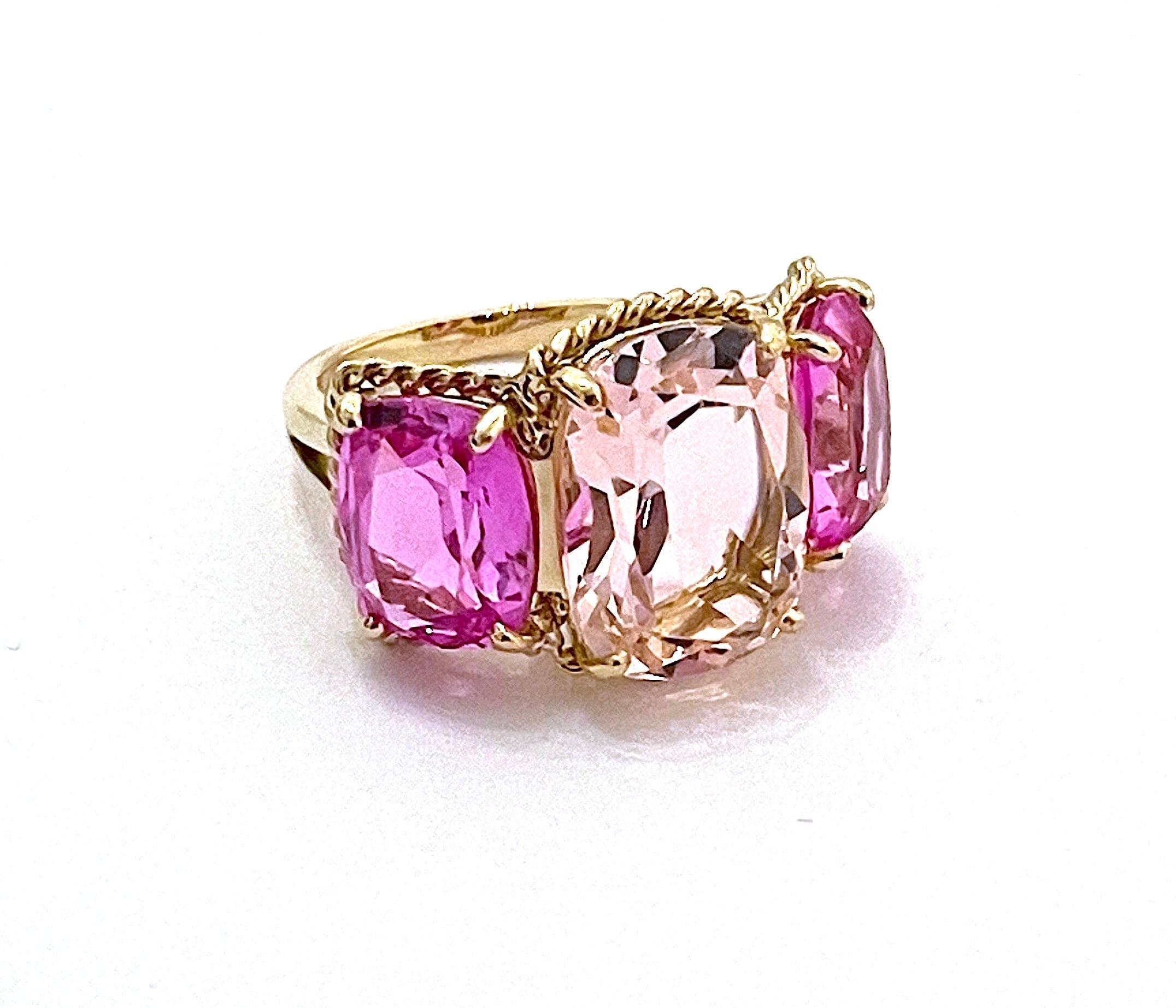 18kt Yellow Gold Three Stone Ring with Pink Topaz and Blue Topaz and Rope Twist Border