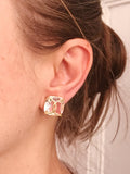 Large Rock Crystal Cushion Stud Earring with Yellow Gold Wire Wrap