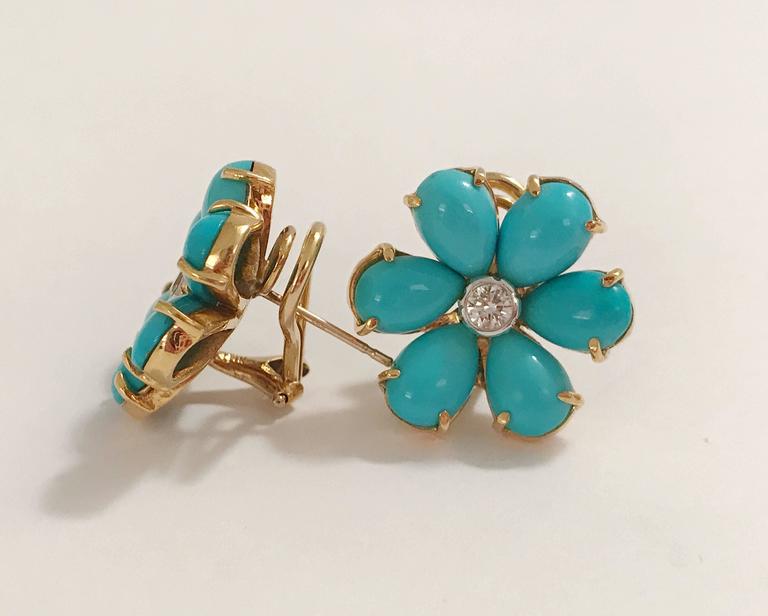Turquoise Flower Stud Earrings with Diamond Center