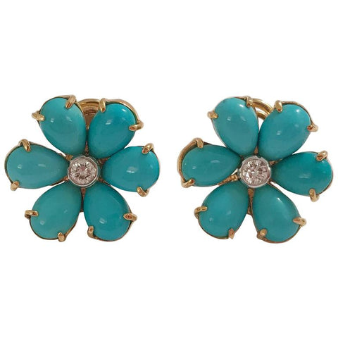 Turquoise Flower Stud Earrings with Diamond Center