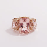 Elegant Three Stone Morganite and Pink Topaz Ring with Gold Rope Twist Border