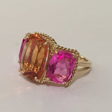 Mini Three-Stone Amethyst Ring and Pink Topaz with Rose Gold Rope Twist Border