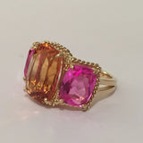 18kt Yellow Gold two tone Pink Topaz Three Stone Ring with Rope Twist Border