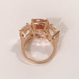 Morganite and Rock Crystal Rose Gold Three Stone Cushion Ring