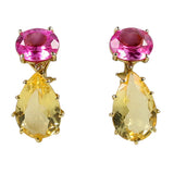 18kt Yellow Gold Multi Prong Drop Earring with Pink Topaz and Citrine