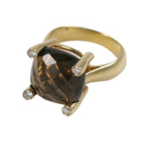 18kt Yellow Gold faceted Cushion Ring with Smoky Topaz and Diamonds